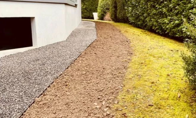 Terrassement, création de chemin d'accès piéton, terrassement de la cour intégrale d'une maison privée, Thonon-les-Bains, Seiller TP