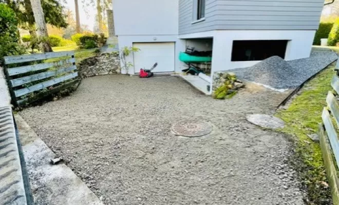 Terrassement, création de chemin d'accès piéton, terrassement de la cour intégrale d'une maison privée, Thonon-les-Bains, Seiller TP